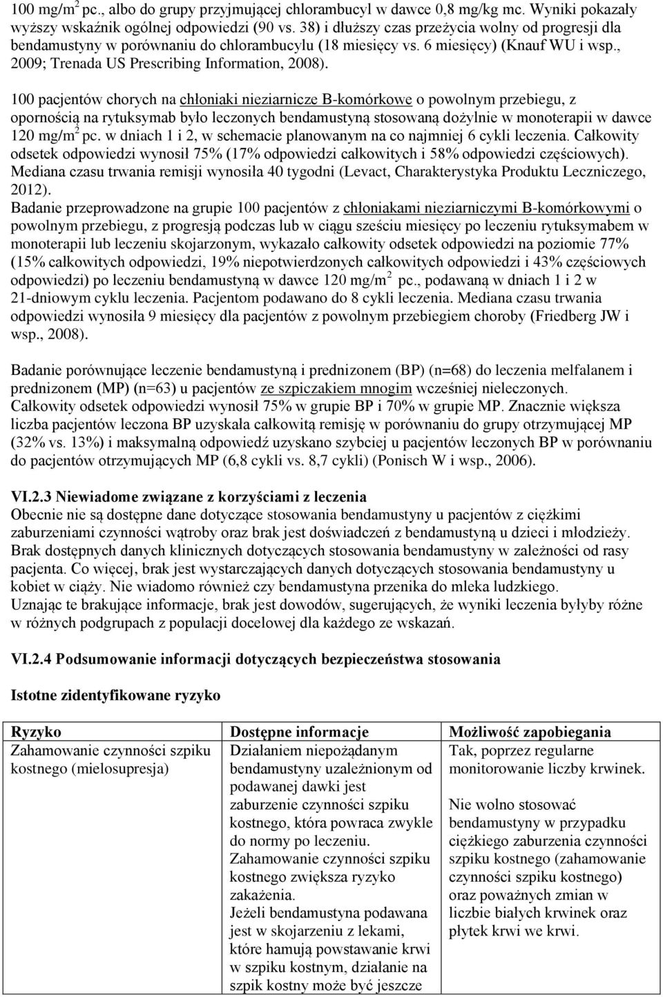 100 pacjentów chorych na chłoniaki nieziarnicze B-komórkowe o powolnym przebiegu, z opornością na rytuksymab było leczonych bendamustyną stosowaną dożylnie w monoterapii w dawce 120 mg/m 2 pc.
