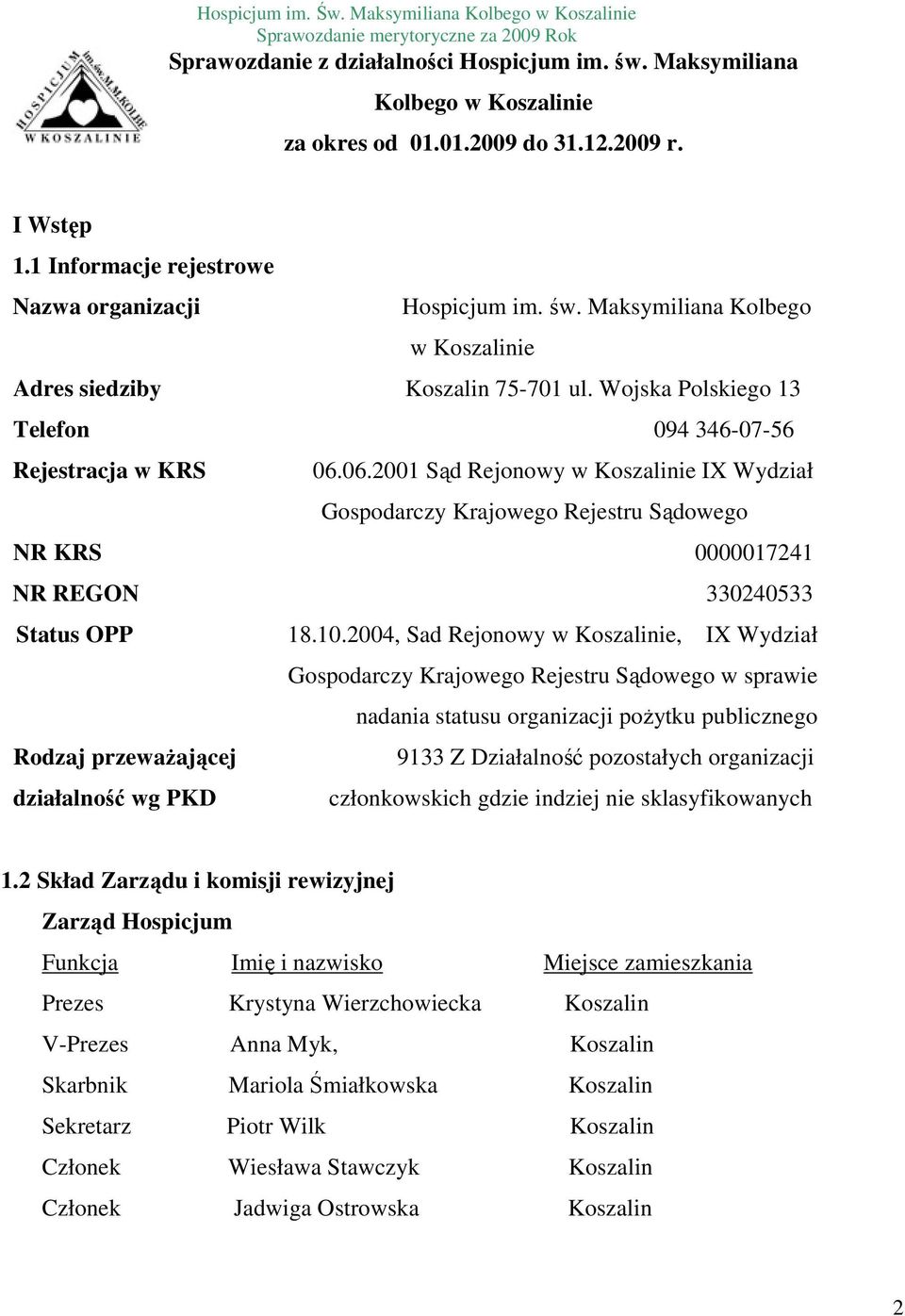 10.2004, Sad Rejonowy w Koszalinie, IX Wydział Gospodarczy Krajowego Rejestru Sądowego w sprawie nadania statusu organizacji poŝytku publicznego Rodzaj przewaŝającej 9133 Z Działalność pozostałych