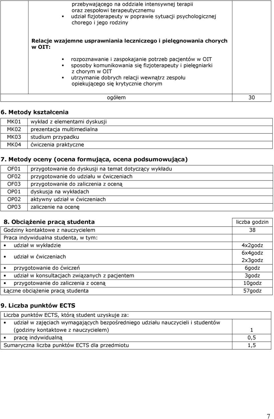 zespołu opiekującego się krytycznie chorym ogółem 30 6. Metody kształcenia MK01 MK02 MK03 wykład z elementami dyskusji prezentacja multimedialna studium przypadku ćwiczenia praktyczne 7.