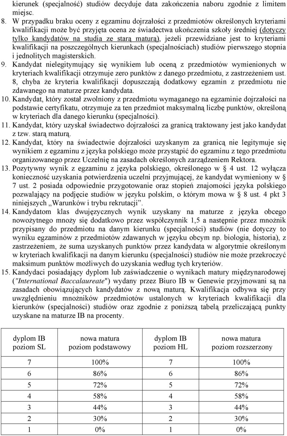 ze starą maturą), jeżeli przewidziane jest to kryteriami kwalifikacji na poszczególnych kierunkach (specjalnościach) studiów pierwszego stopnia i jednolitych magisterskich. 9.