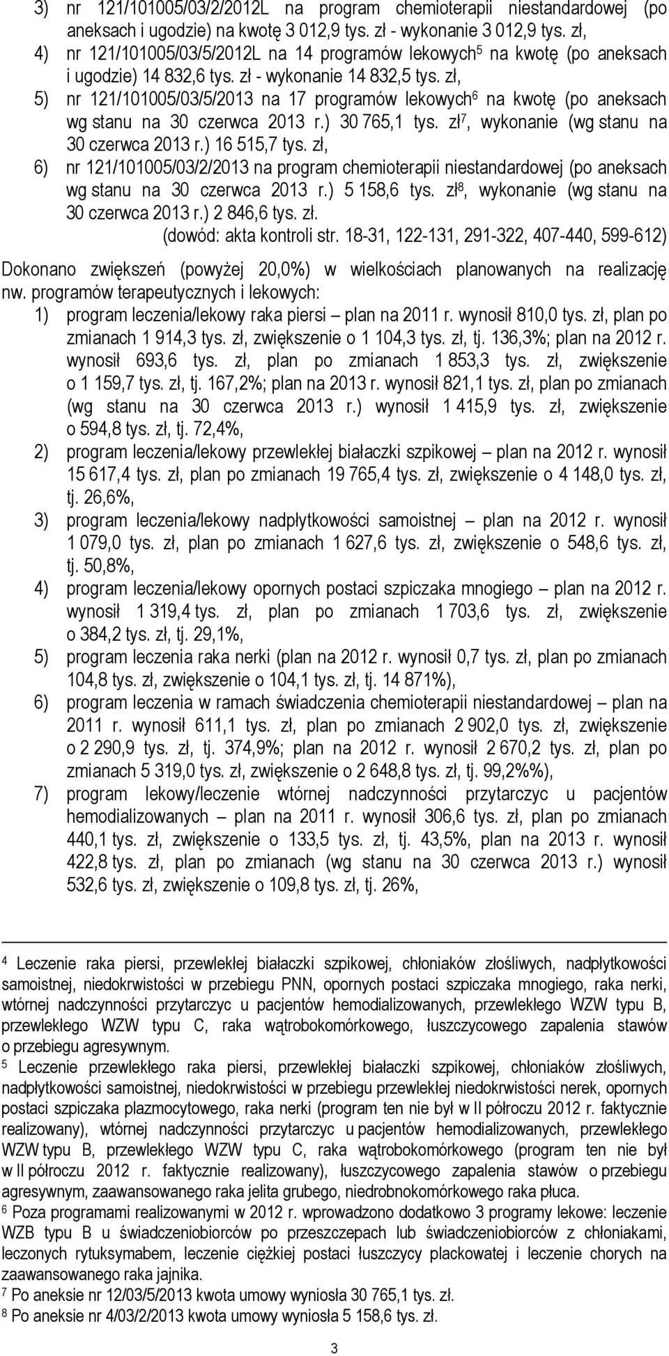 zł, 5) nr 121/101005/03/5/2013 na 17 programów lekowych 6 na kwotę (po aneksach wg stanu na 30 czerwca 2013 r.) 30 765,1 tys. zł 7, wykonanie (wg stanu na 30 czerwca 2013 r.) 16 515,7 tys.