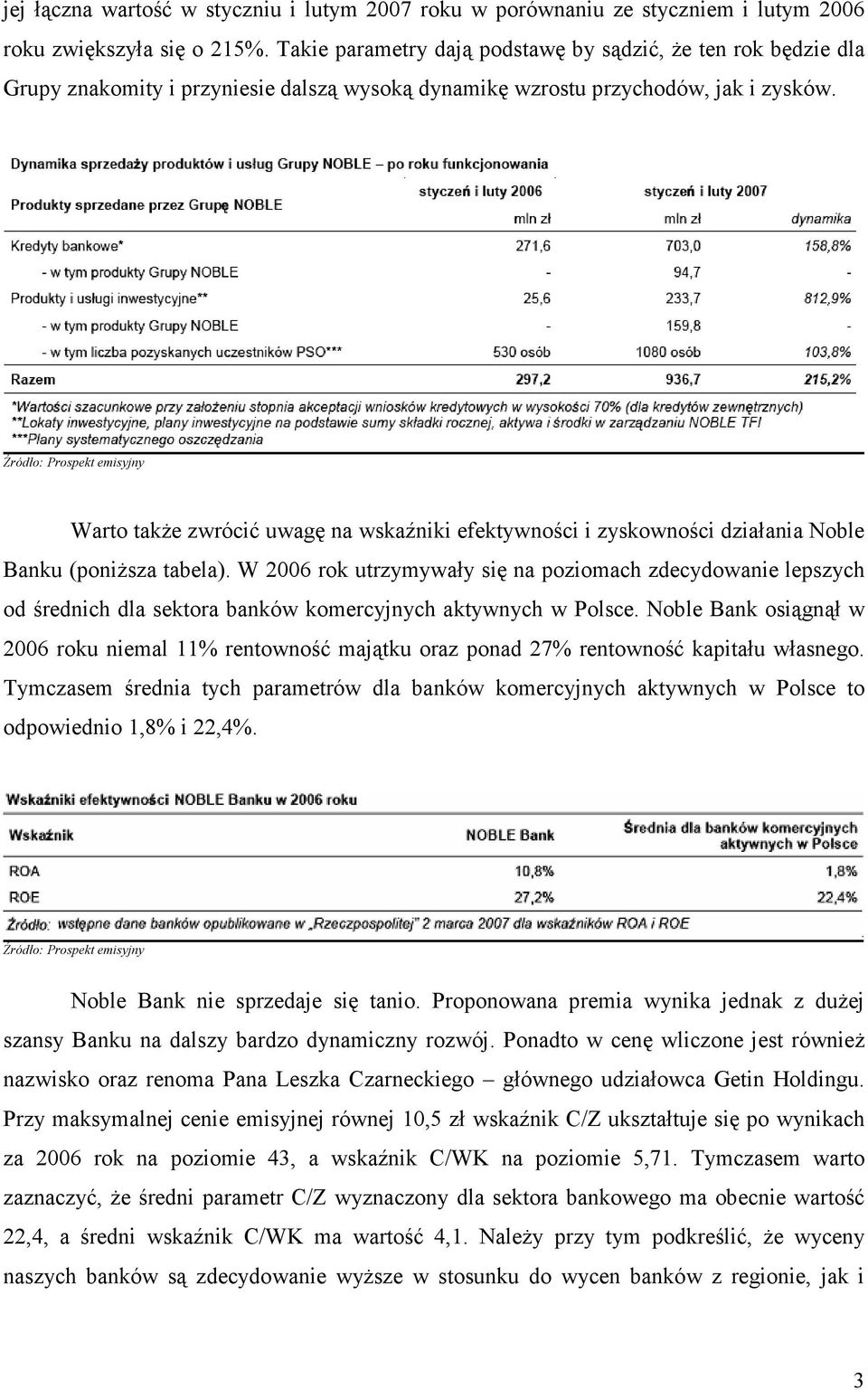 Źródło: Prospekt emisyjny Warto także zwrócić uwagę na wskaźniki efektywności i zyskowności działania Noble Banku (poniższa tabela).