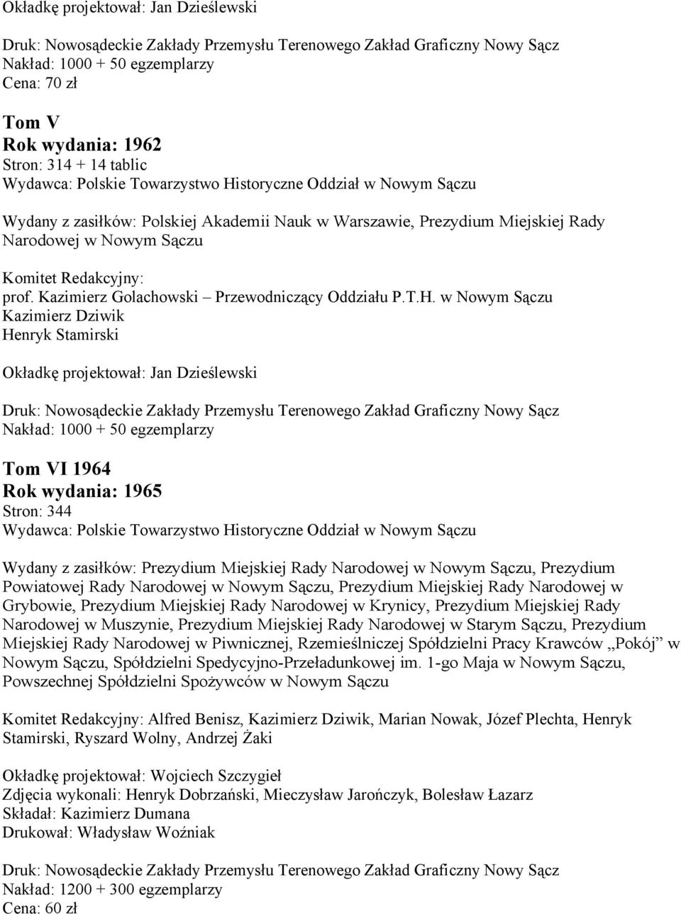 w Nowym Kazimierz Dziwik Henryk Stamirski Okładkę projektował: Jan Dzieślewski Nakład: 1000 + 50 egzemplarzy Tom VI 1964 Rok wydania: 1965 Stron: 344 Wydany z zasiłków: Prezydium Miejskiej Rady