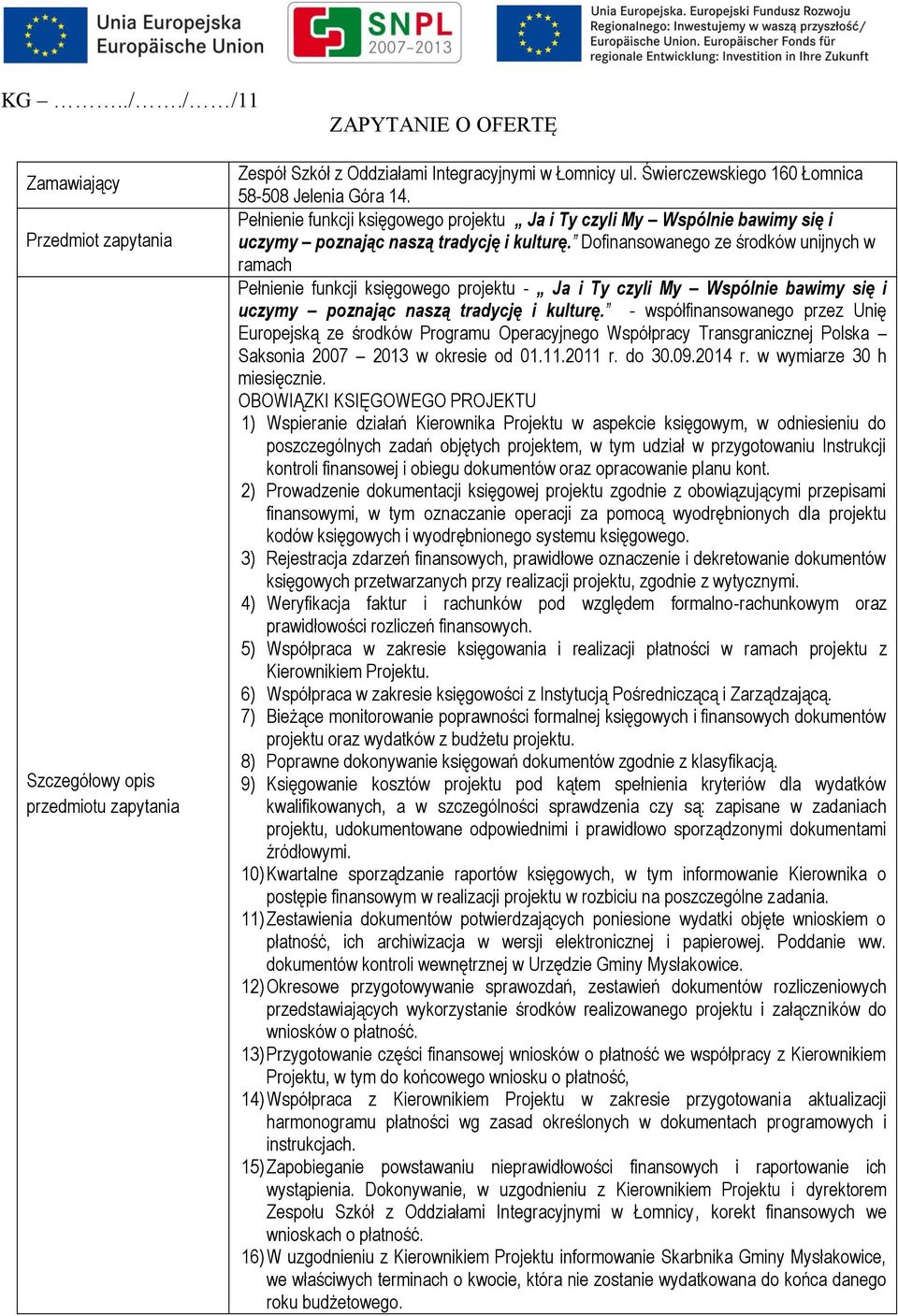 Dofinansowanego ze środków unijnych w ramach Pełnienie funkcji księgowego projektu - Ja i Ty czyli My Wspólnie bawimy się i uczymy poznając naszą tradycję i kulturę.
