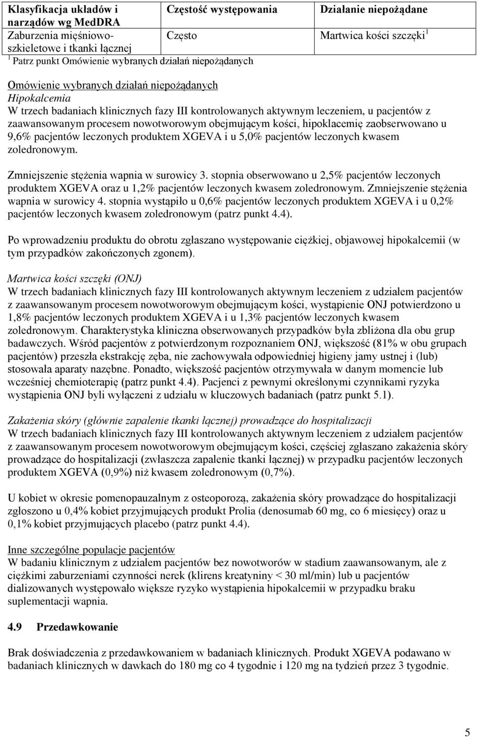 nowotworowym obejmującym kości, hipoklacemię zaobserwowano u 9,6% pacjentów leczonych produktem XGEVA i u 5,0% pacjentów leczonych kwasem zoledronowym. Zmniejszenie stężenia wapnia w surowicy 3.