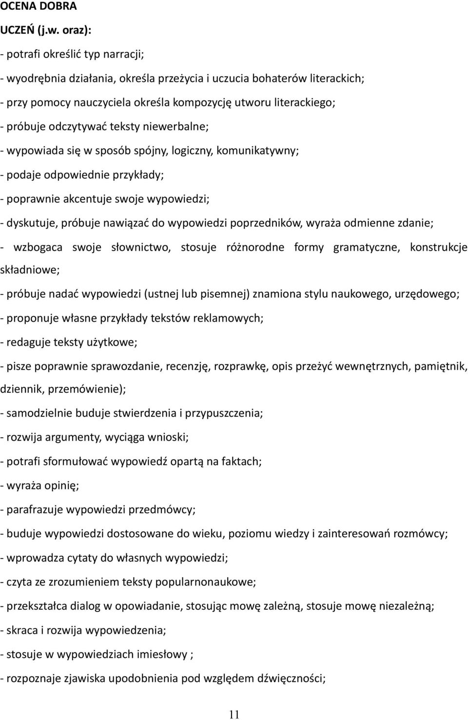 odczytywać teksty niewerbalne; - wypowiada się w sposób spójny, logiczny, komunikatywny; - podaje odpowiednie przykłady; - poprawnie akcentuje swoje wypowiedzi; - dyskutuje, próbuje nawiązać do