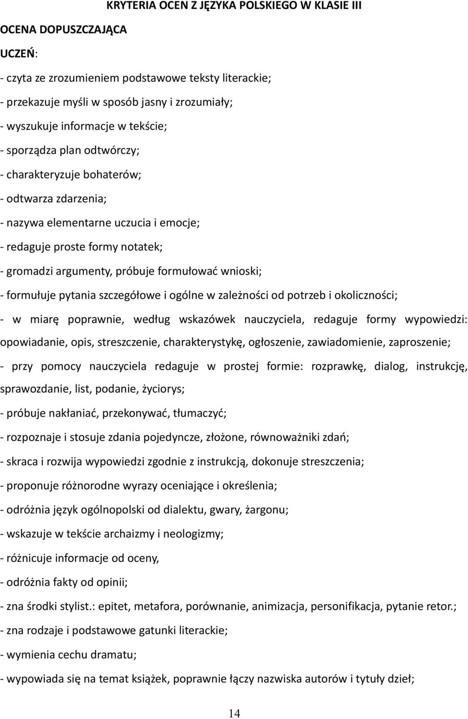 wnioski; - formułuje pytania szczegółowe i ogólne w zależności od potrzeb i okoliczności; - w miarę poprawnie, według wskazówek nauczyciela, redaguje formy wypowiedzi: opowiadanie, opis,