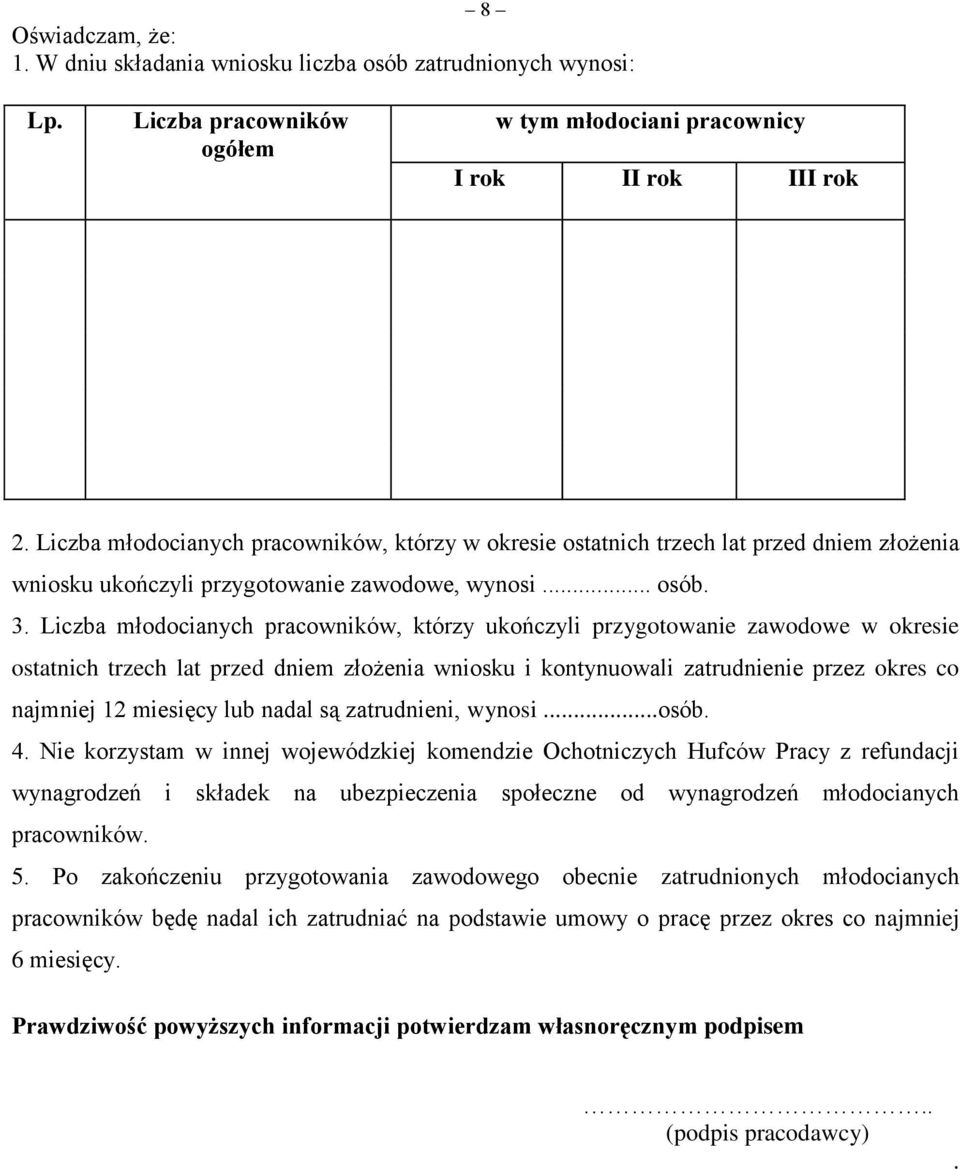 Liczba młodocianych pracowników, którzy ukończyli przygotowanie zawodowe w okresie ostatnich trzech lat przed dniem złożenia wniosku i kontynuowali zatrudnienie przez okres co najmniej 12 miesięcy