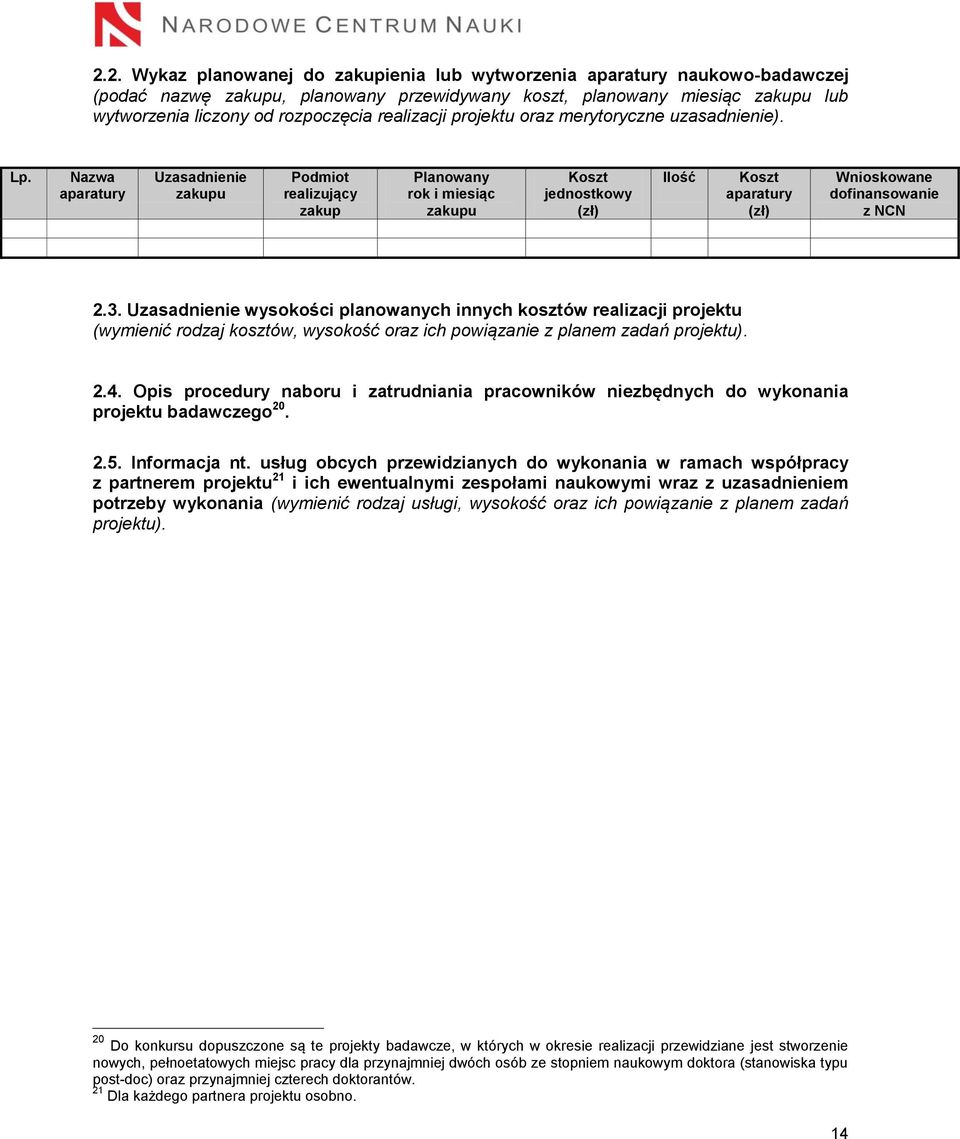 Nazwa aparatury Uzasadnienie zakupu Podmiot realizujący zakup Planowany rok i miesiąc zakupu Koszt jednostkowy (zł) Ilość Koszt aparatury (zł) Wnioskowane dofinansowanie z NCN 2.3.