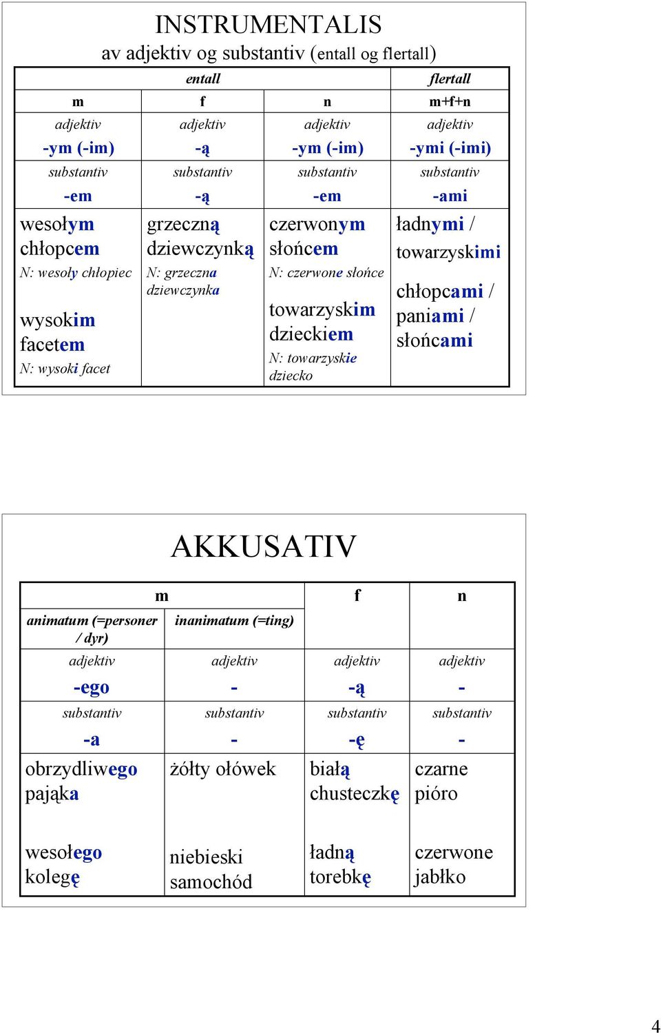 m+f+n -ymi (-imi) -ami ładnymi / towarzyskimi chłopcami / paniami / słońcami AKKUSATIV animatum (=personer / dyr) -ego -a obrzydliwego pająka