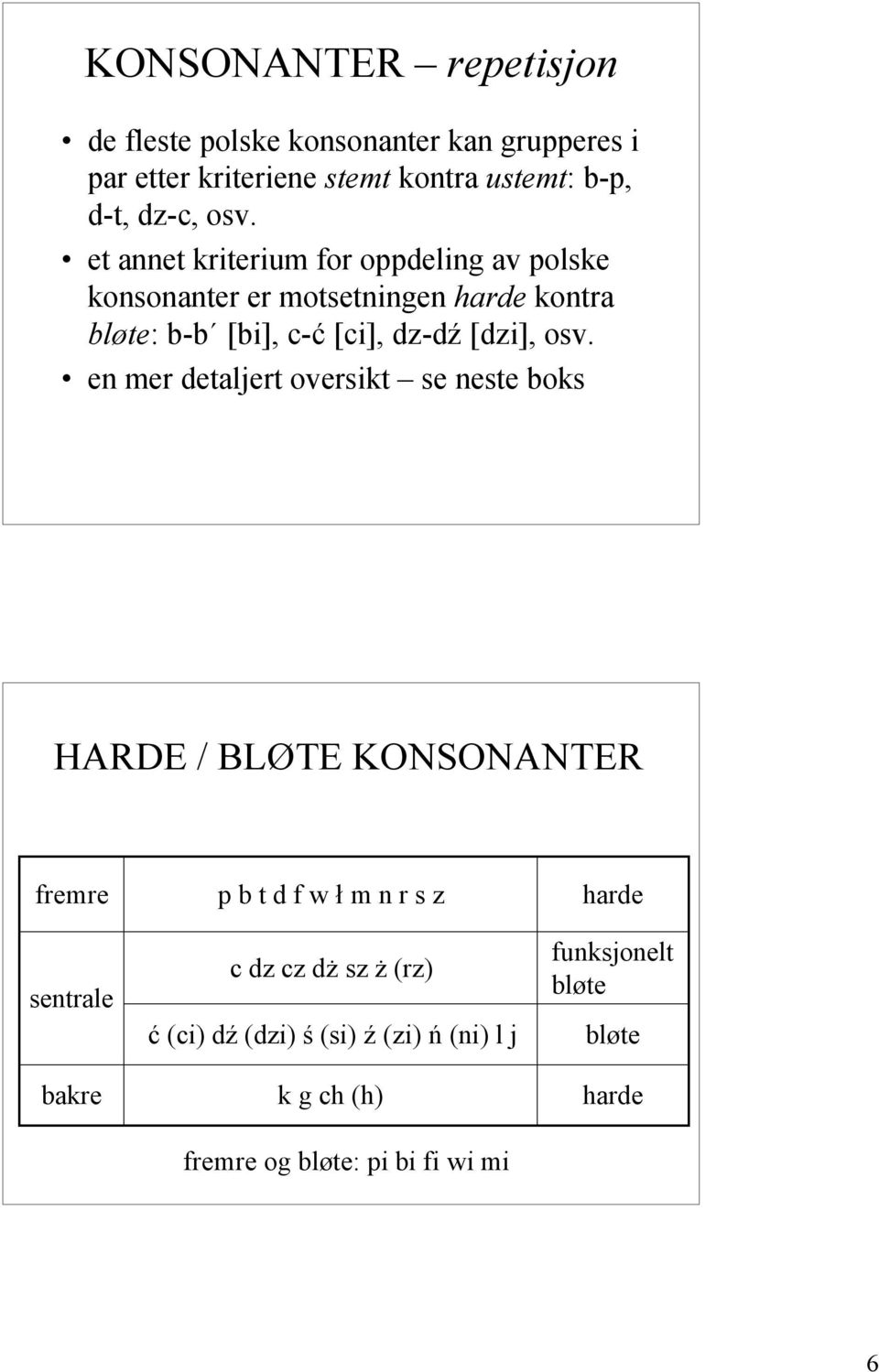 osv. en mer detaljert oversikt se neste boks HARDE / BLØTE KONSONANTER fremre sentrale bakre p b t d f w ł m n r s z c dz cz dż