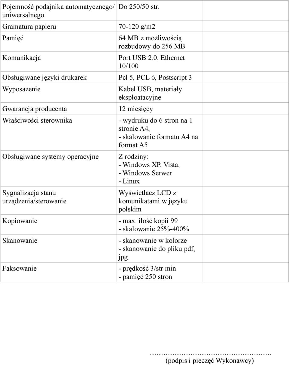 stronie A4, - skalowanie formatu A4 na format A5 Obsługiwane systemy operacyjne Sygnalizacja stanu urządzenia/sterowanie Z rodziny: - Windows XP, Vista, - Windows Serwer - Linux Wyświetlacz LCD z