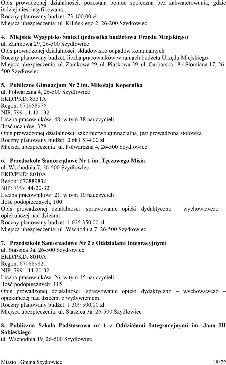 Zamkowa 29, 26-500 Szydłowiec Opis prowadzonej działalności: składowisko odpadów komunalnych Roczny planowany budżet, liczba pracowników w ramach budżetu Urzędu Miejskiego Miejsca ubezpieczenia: ul.
