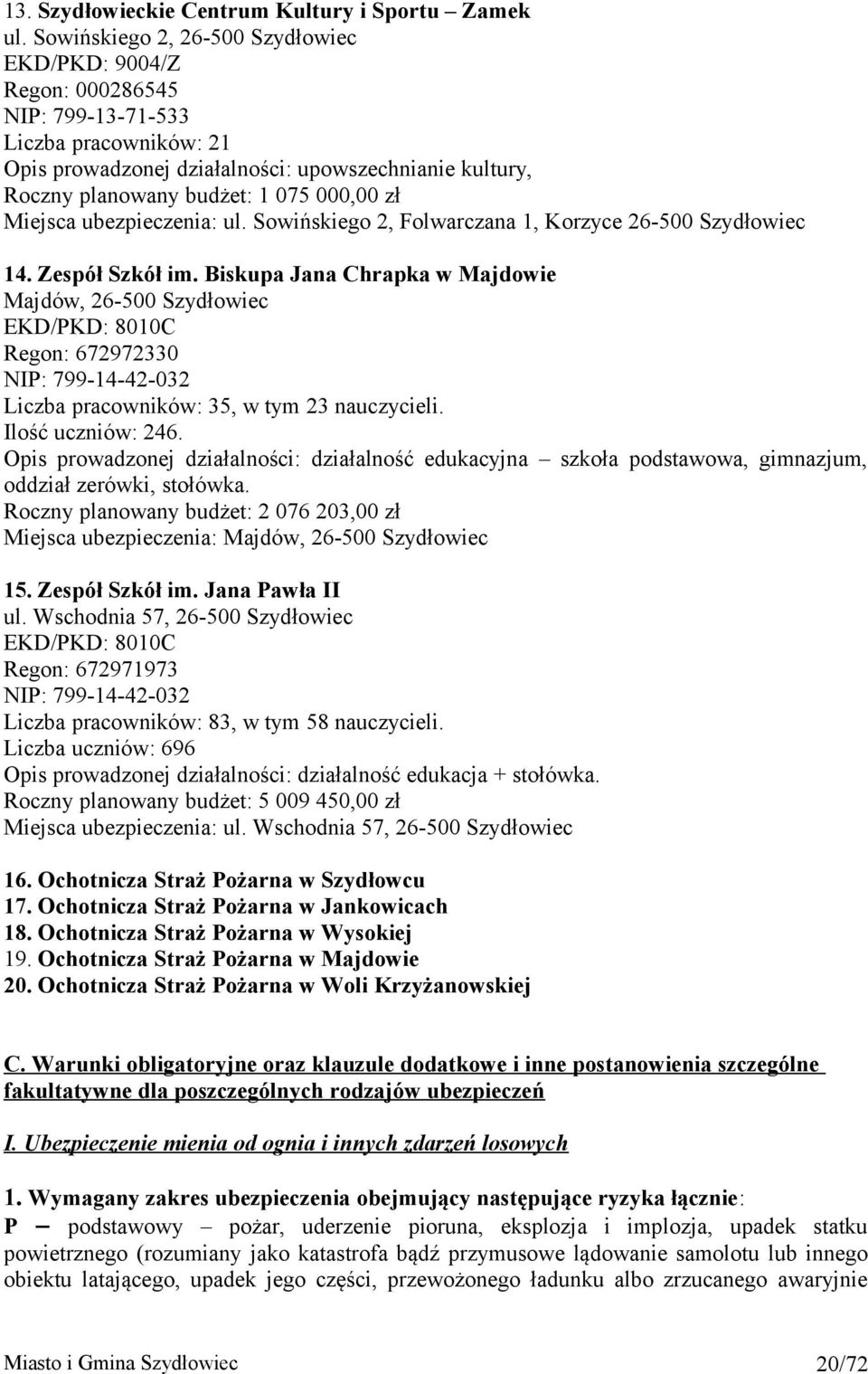 000,00 zł Miejsca ubezpieczenia: ul. Sowińskiego 2, Folwarczana 1, Korzyce 26-500 Szydłowiec 14. Zespół Szkół im.
