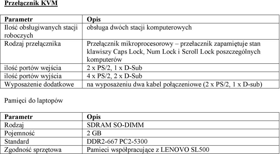 Scroll Lock poszczególnych komputerów 2 x PS/2, 1 x D-Sub 4 x PS/2, 2 x D-Sub na wyposaŝeniu dwa kabel połączeniowe (2 x PS/2, 1 x