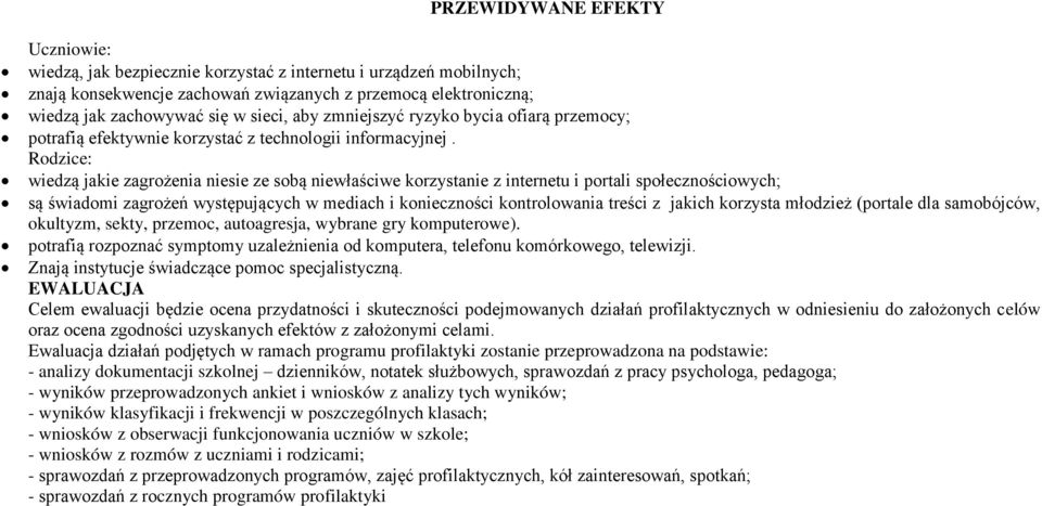 Rodzice: wiedzą jakie zagrożenia niesie ze sobą niewłaściwe korzystanie z internetu i portali społecznościowych; są świadomi zagrożeń występujących w mediach i konieczności kontrolowania treści z