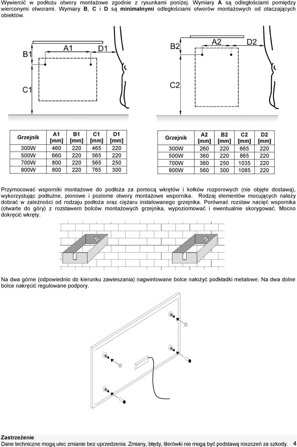 Grzejnik 300W 500W 700W 900W A1 460 660 800 800 B1 C1 465 565 565 765 D1 250 300 Grzejnik 300W 500W 700W 900W A2 260 360 360 560 B2 250 300 C2 665 865 1035 1085 D2 Przymocować wsporniki montażowe do