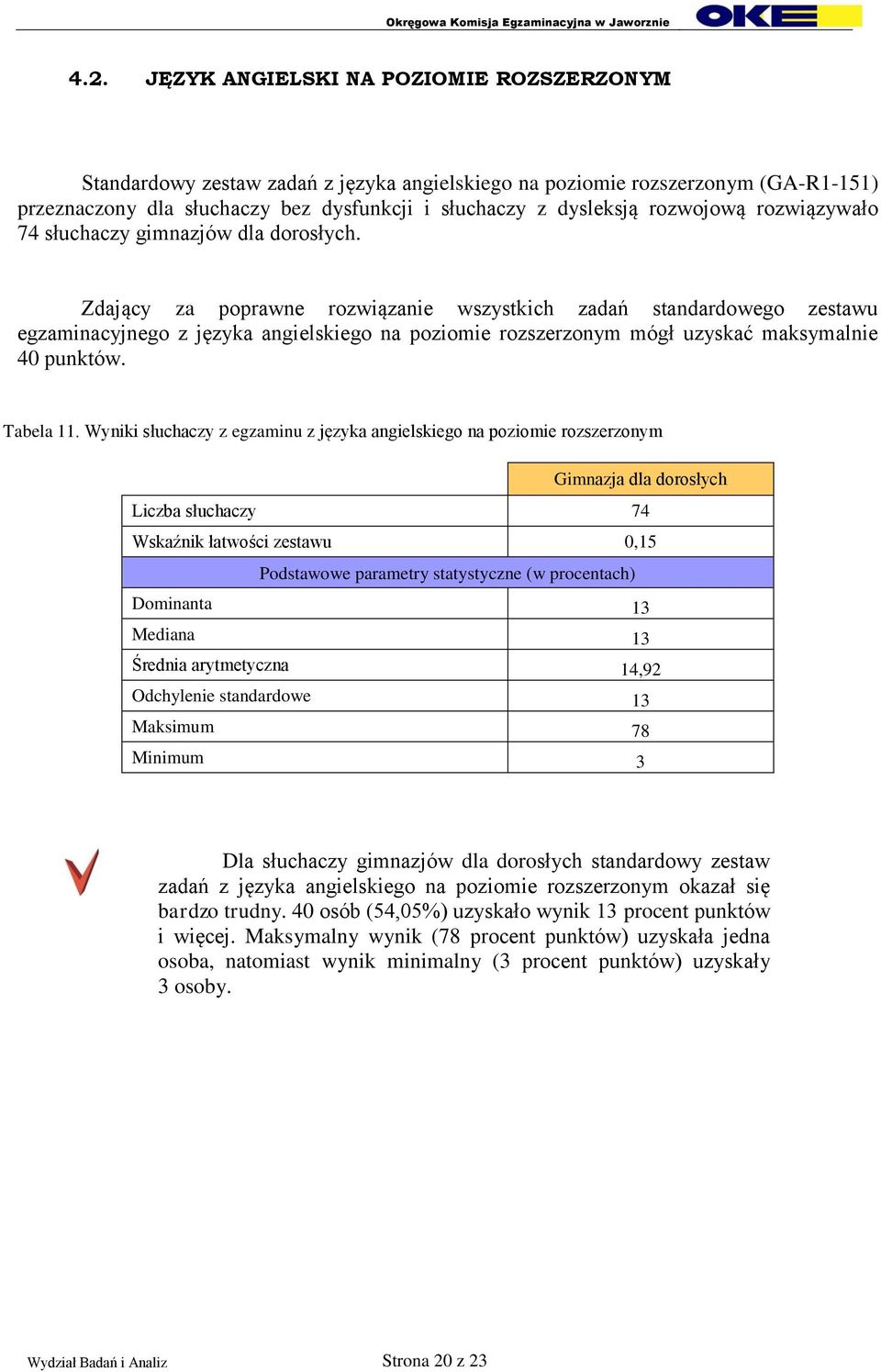 Zdający za poprawne rozwiązanie wszystkich zadań standardowego zestawu egzaminacyjnego z języka angielskiego na poziomie rozszerzonym mógł uzyskać maksymalnie 40 punktów. Tabela 11.