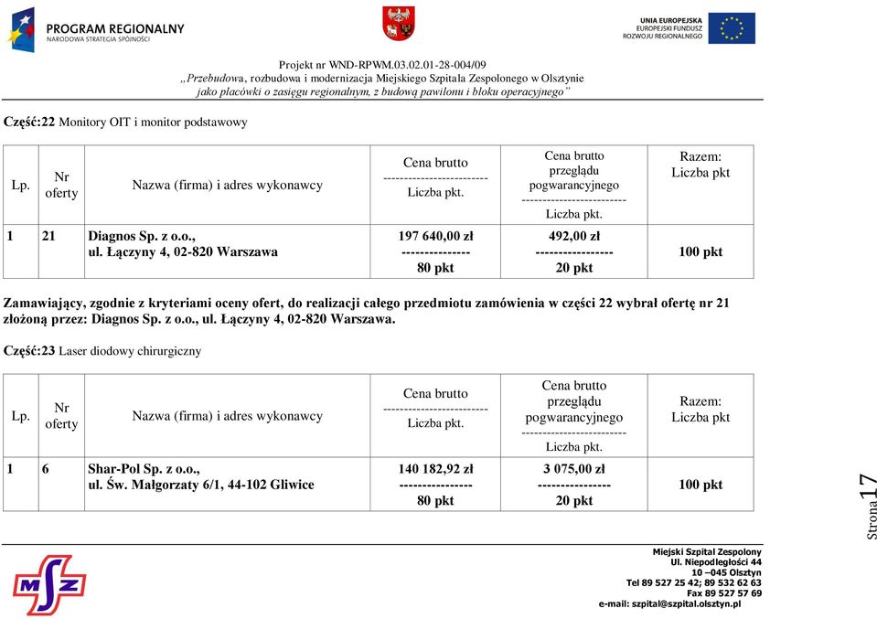 realizacji całego przedmiotu zamówienia w części 22 wybrał ofertę nr 21 złożoną przez: Diagnos Sp. z o.o., ul.