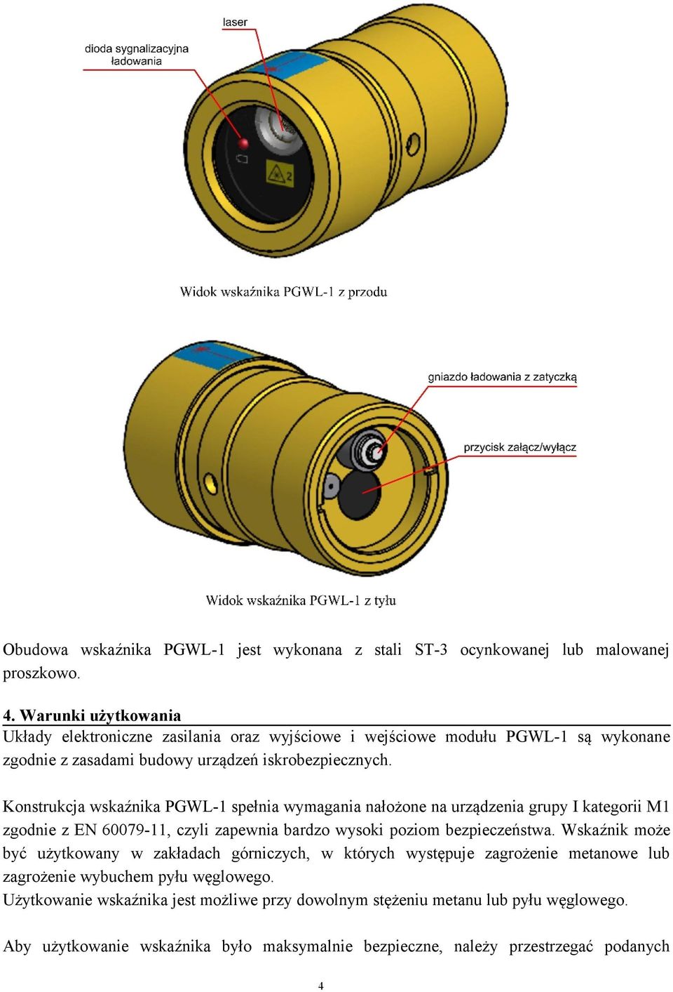 Konstrukcja wskaźnika PGWL-1 spełnia wymagania nałożone na urządzenia grupy I kategorii M1 zgodnie z EN 60079-11, czyli zapewnia bardzo wysoki poziom bezpieczeństwa.