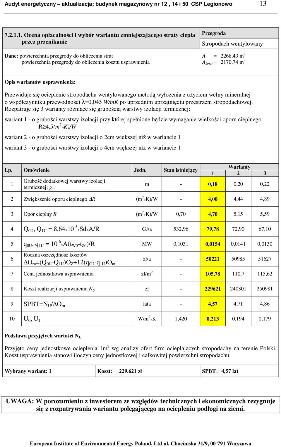 obliczenia kosztu usprawnienia Przegroda Stropodach wentylowany A = 2268,43 m 2 A koszt = 2170,74 m 2 Opis wariantów usprawnienia: Przewiduje się ocieplenie stropodachu wentylowanego metodą wyłoŝenia