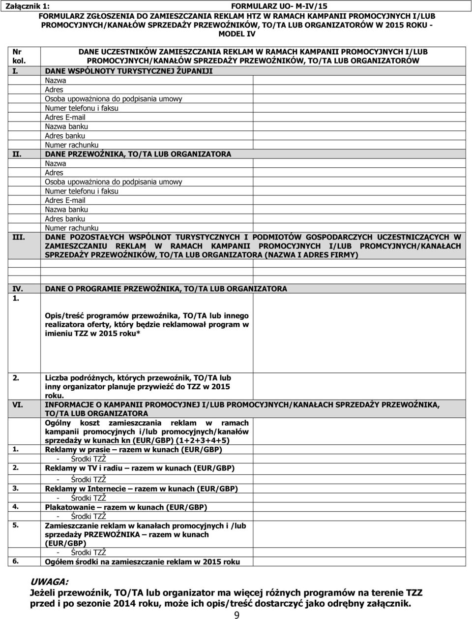 DANE WSPÓLNOTY TURYSTYCZNEJ ŽUPANIJI Nazwa Adres Osoba upoważniona do podpisania umowy Numer telefonu i faksu Adres E-mail Nazwa banku Adres banku Numer rachunku II.