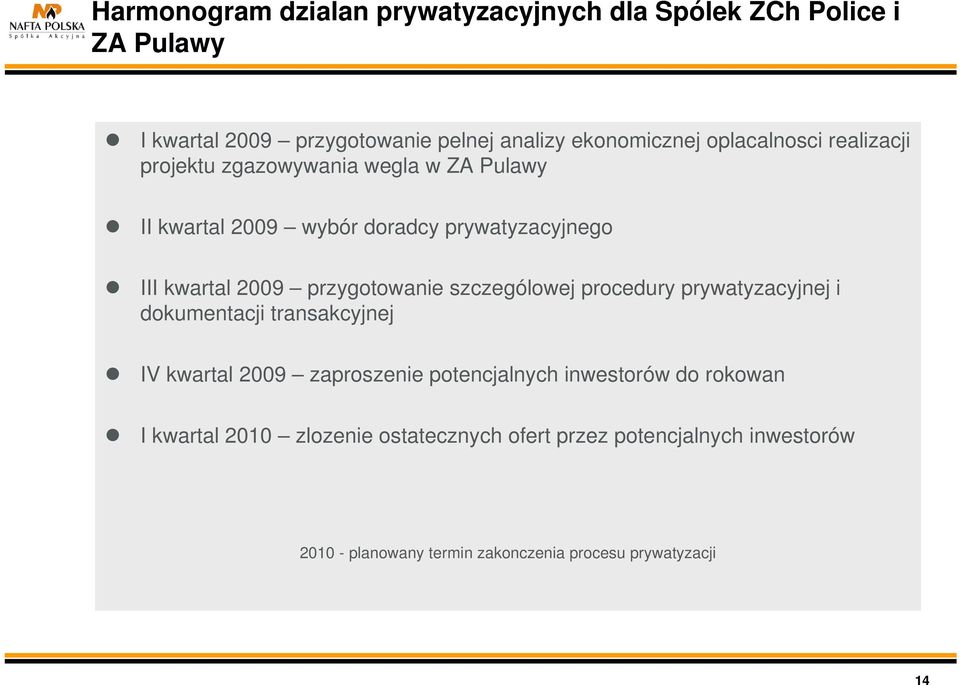 przygotowanie szczególowej procedury prywatyzacyjnej i dokumentacji transakcyjnej IV kwartal 2009 zaproszenie potencjalnych