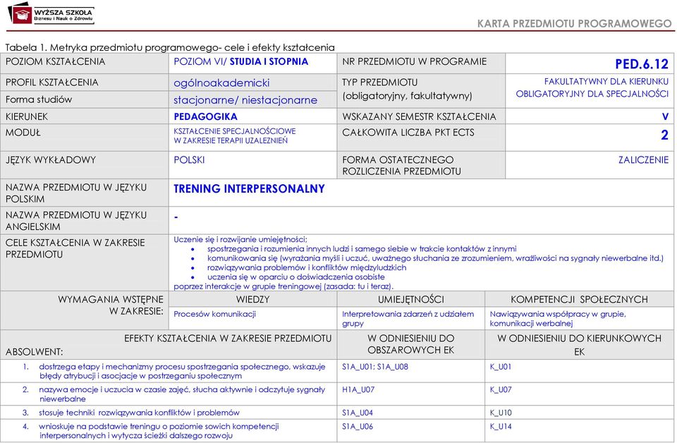 PEDAGOGIKA WSKAZANY SEMESTR KSZTAŁCENIA V MODUŁ KSZTAŁCENIE SPECJALNOŚCIOWE W ZAKRESIE TERAPII UZALEZNIEŃ JĘZYK WYKŁADOWY POLSKI FORMA OSTATECZNEGO ROZLICZENIA PRZEDMIOTU NAZWA PRZEDMIOTU W JĘZYKU