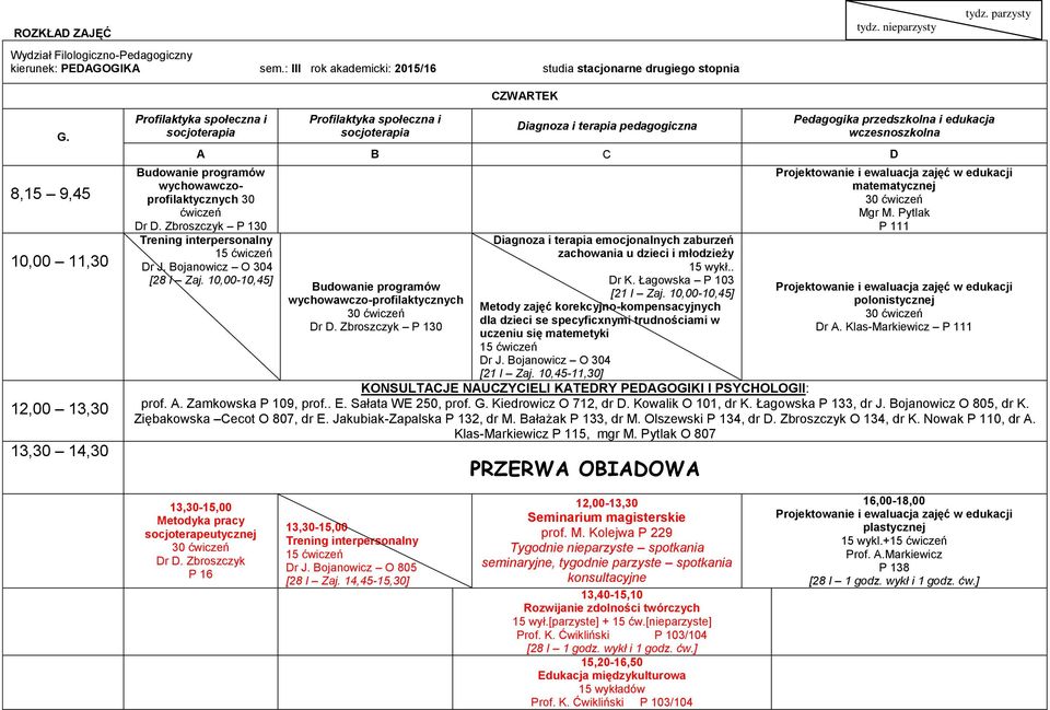 10,00-10,45] Metody zajęć korekcyjno-kompensacyjnych dla dzieci se specyficxnymi trudnościami w uczeniu się matemetyki [21 I Zaj. 10,45-11,30] edukacji matematycznej Mgr M.