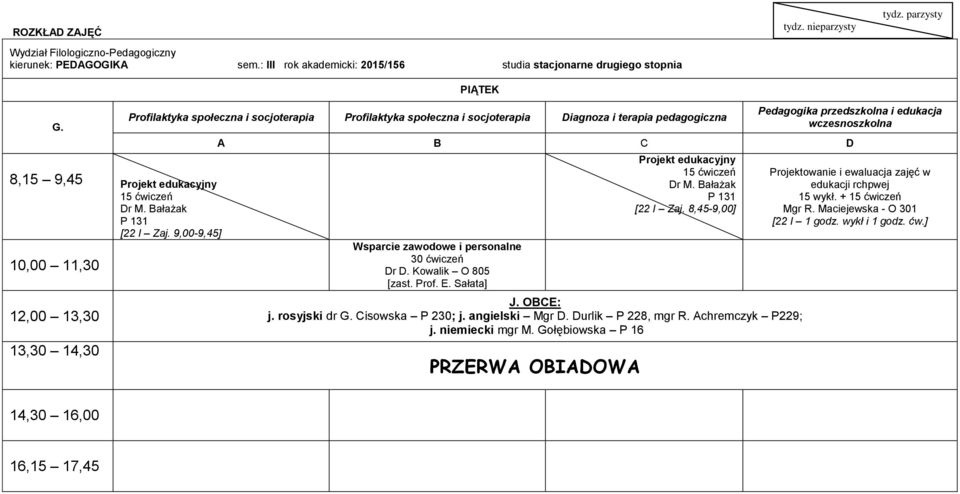 OBCE: j. rosyjski dr Cisowska P 230; j. angielski Mgr D. Durlik P 228, mgr R. Achremczyk P229; j.