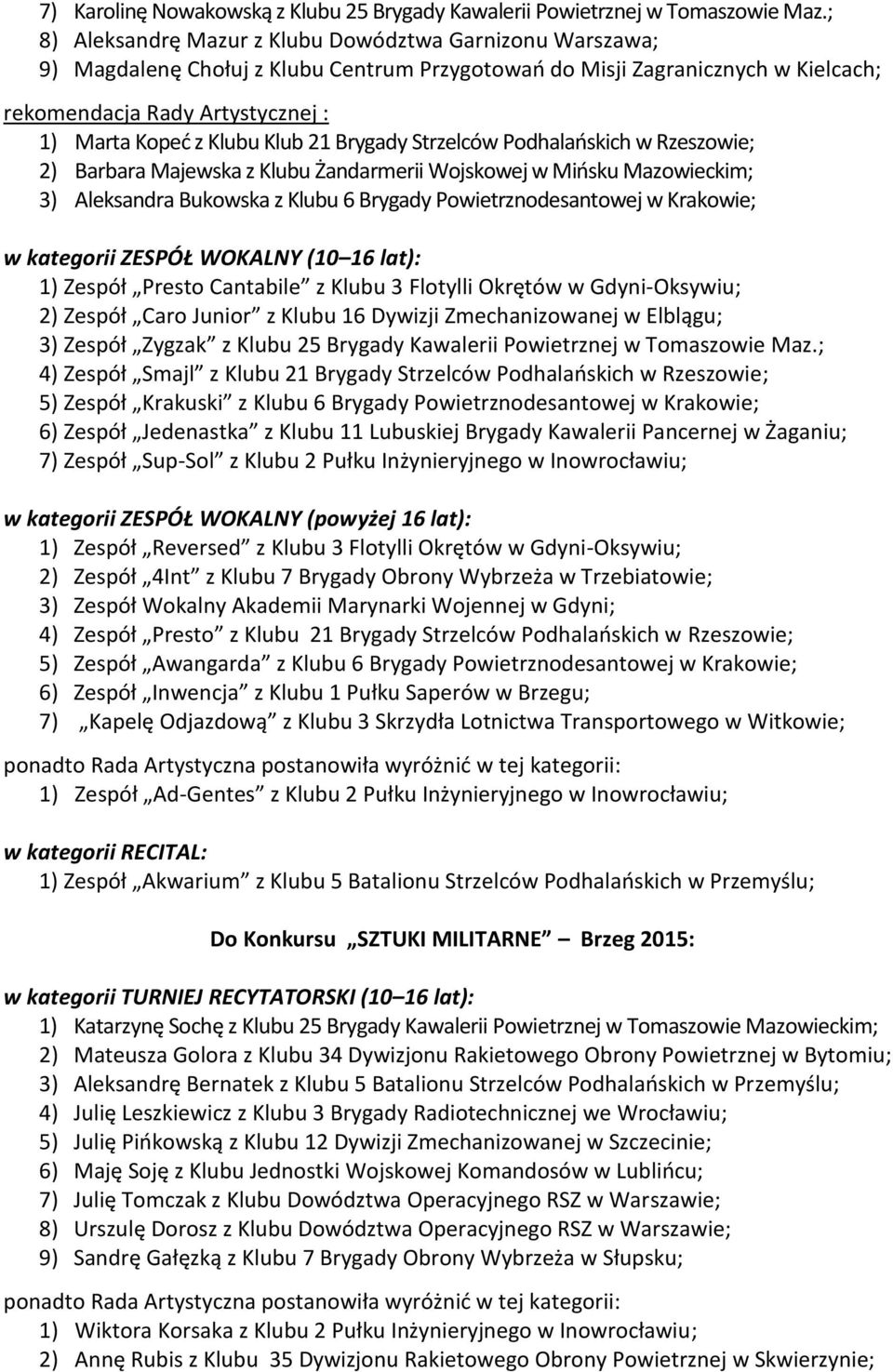 Klub 21 Brygady Strzelców Podhalańskich w Rzeszowie; 2) Barbara Majewska z Klubu Żandarmerii Wojskowej w Mińsku Mazowieckim; 3) Aleksandra Bukowska z Klubu 6 Brygady Powietrznodesantowej w Krakowie;