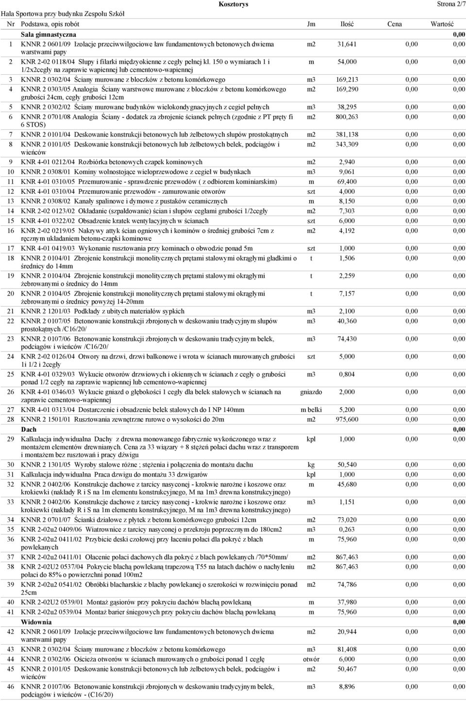 150 o wymiarach 1 i m 54,000 0,00 0,00 1/2x2cegły na zaprawie wapiennej lub cementowo-wapiennej 3 KNNR 2 0302/04 Ściany murowane z bloczków z betonu komórkowego m3 169,213 0,00 0,00 4 KNNR 2 0303/05