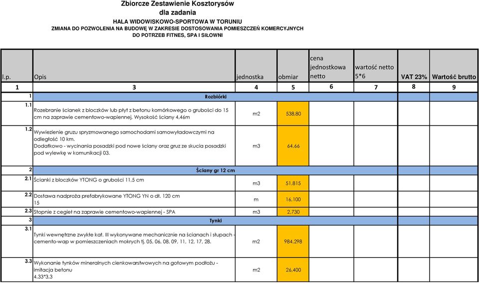 1 Rozbiórki Rozebranie ścianek z bloczków lub płyt z betonu komórkowego o grubości do 15 cm na zaprawie cementowo-wapiennej. Wysokość ściany 4,46m m2 538,80 1.