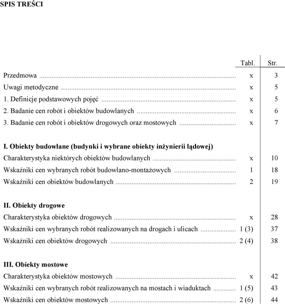 .. x 10 Wskaźniki cen wybranych robót budowlano-montażowych... 1 18 Wskaźniki cen obiektów budowlanych... 2 19 II. Obiekty drogowe Charakterystyka obiektów drogowych.