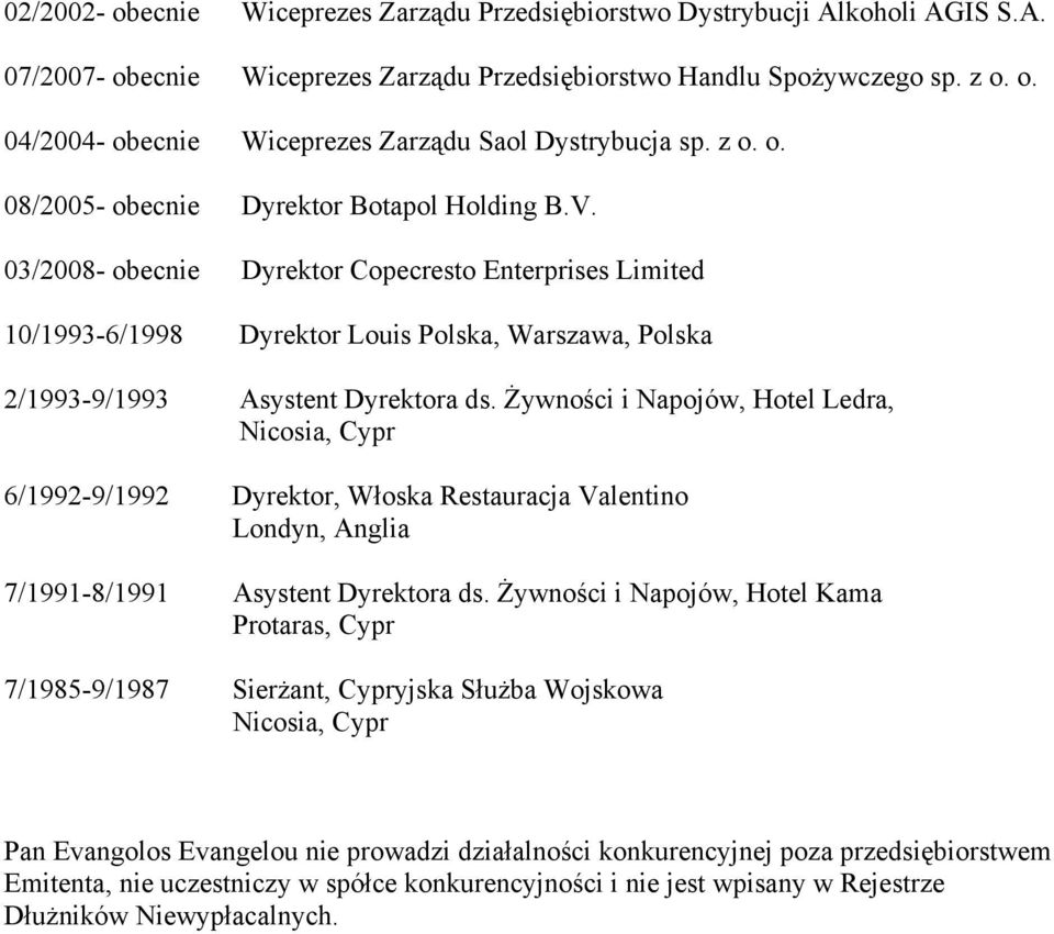 03/2008- obecnie Dyrektor Copecresto Enterprises Limited 10/1993-6/1998 Dyrektor Louis Polska, Warszawa, Polska 2/1993-9/1993 Asystent Dyrektora ds.