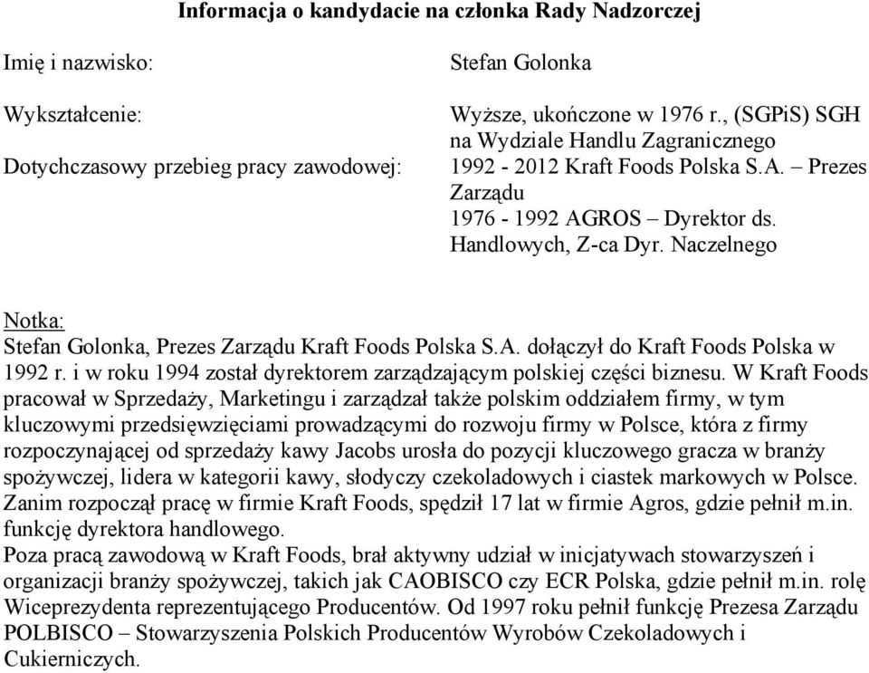 Naczelnego Notka: Stefan Golonka, Prezes Zarządu Kraft Foods Polska S.A. dołączył do Kraft Foods Polska w 1992 r. i w roku 1994 został dyrektorem zarządzającym polskiej części biznesu.