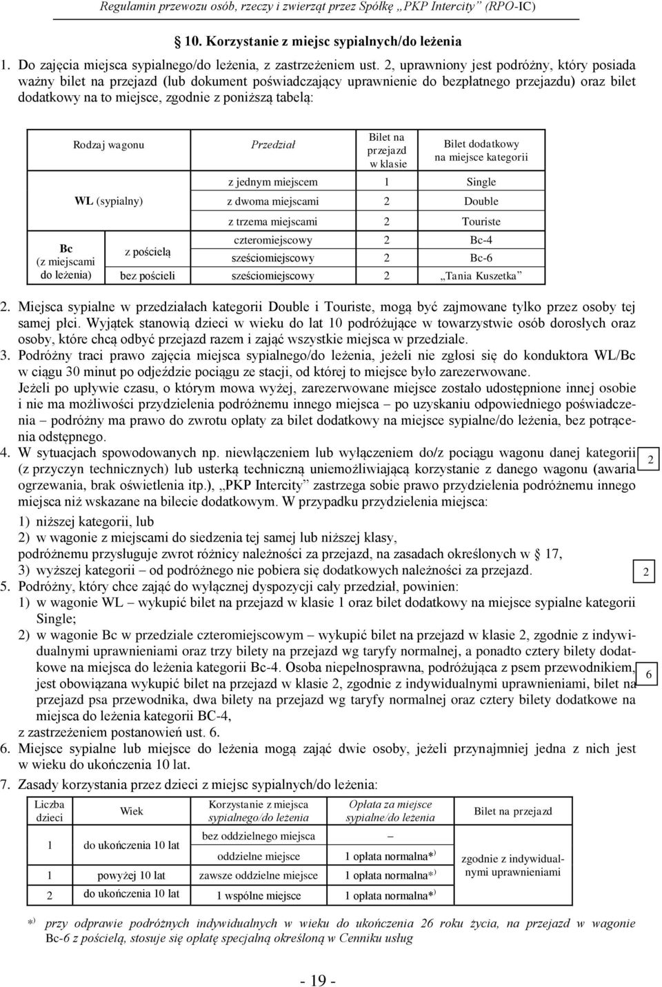 (z miejscami do leżenia) Rodzaj wagonu WL (sypialny) z pościelą Przedział Bilet na przejazd w klasie Bilet dodatkowy na miejsce kategorii z jednym miejscem 1 Single z dwoma miejscami Double z trzema