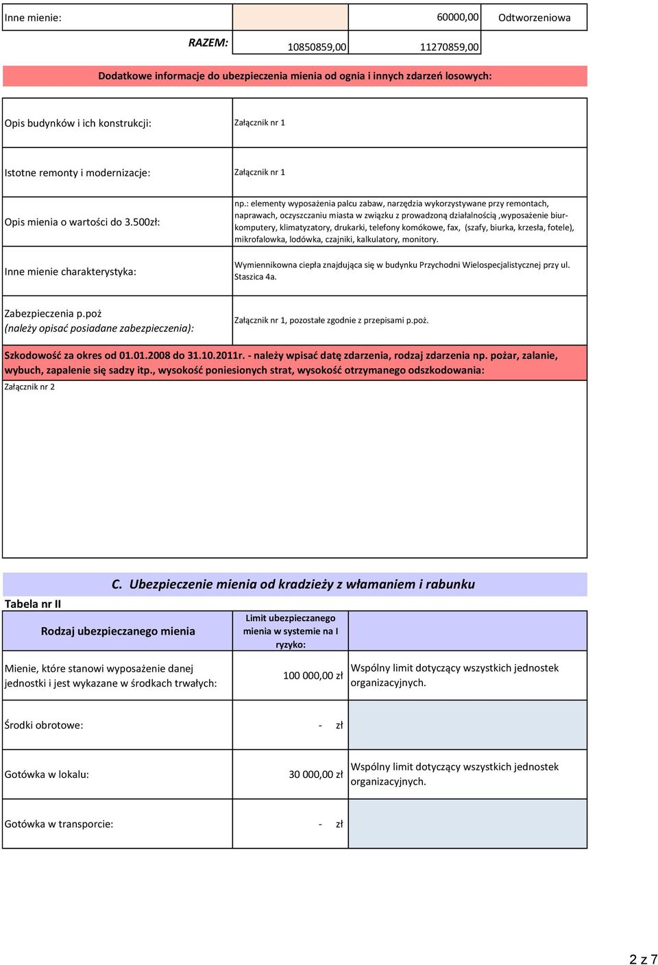 : elementy wyposażenia palcu zabaw, narzędzia wykorzystywane przy remontach, naprawach, oczyszczaniu miasta w związku z prowadzoną działalnością,wyposażenie biurkomputery, klimatyzatory, drukarki,