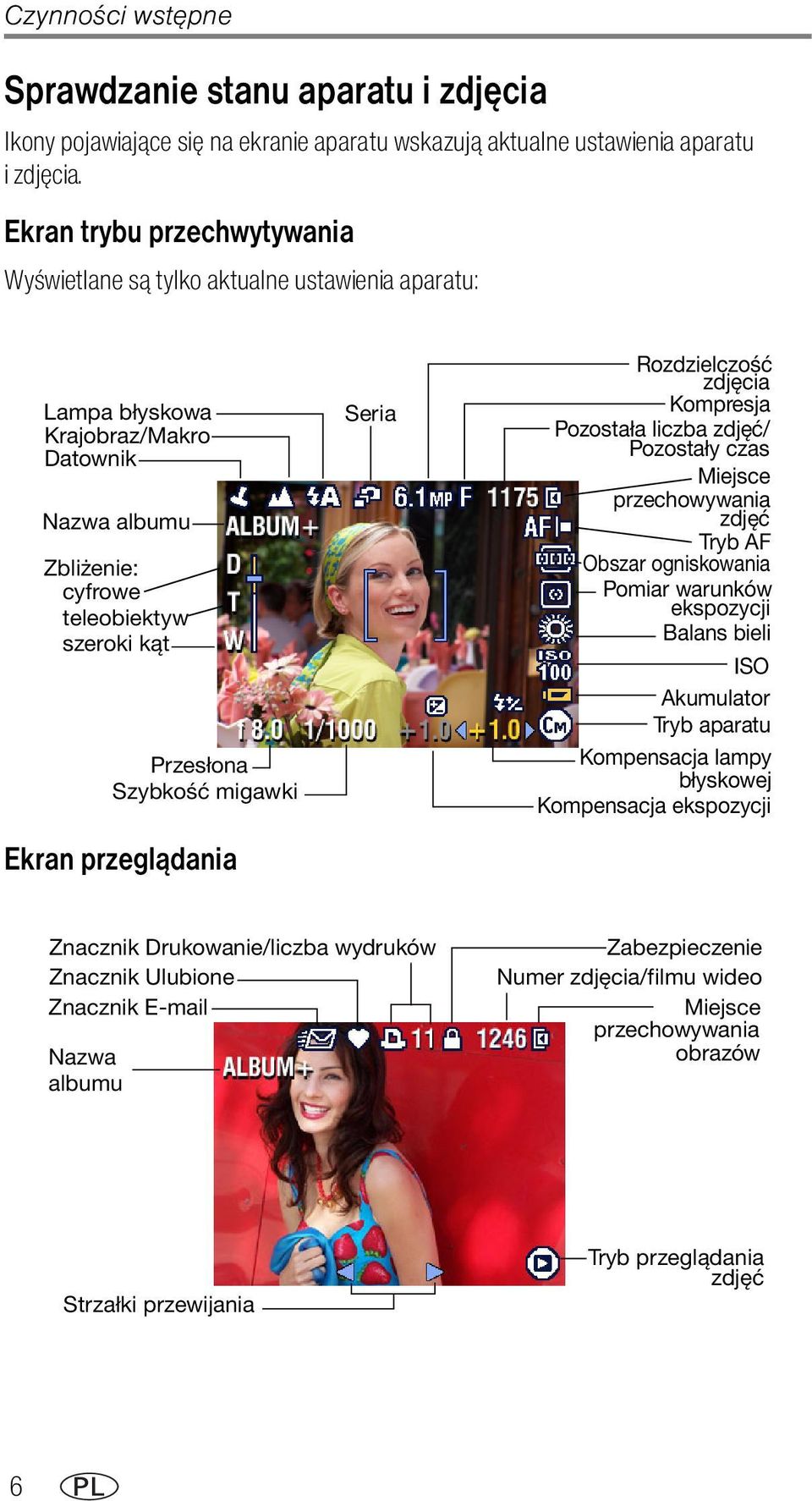 migawki Ekran przeglądania Seria Rozdzielczość zdjęcia Kompresja Pozostała liczba zdjęć/ Pozostały czas Miejsce przechowywania zdjęć Tryb AF Obszar ogniskowania Pomiar warunków ekspozycji Balans