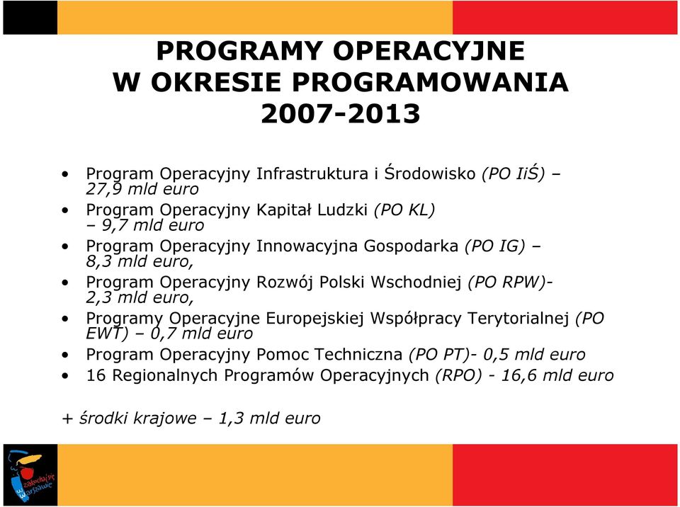 Rozwój Polski Wschodniej (PO RPW)- 2,3 mld euro, Programy Operacyjne Europejskiej Współpracy Terytorialnej (PO EWT) 0,7 mld euro