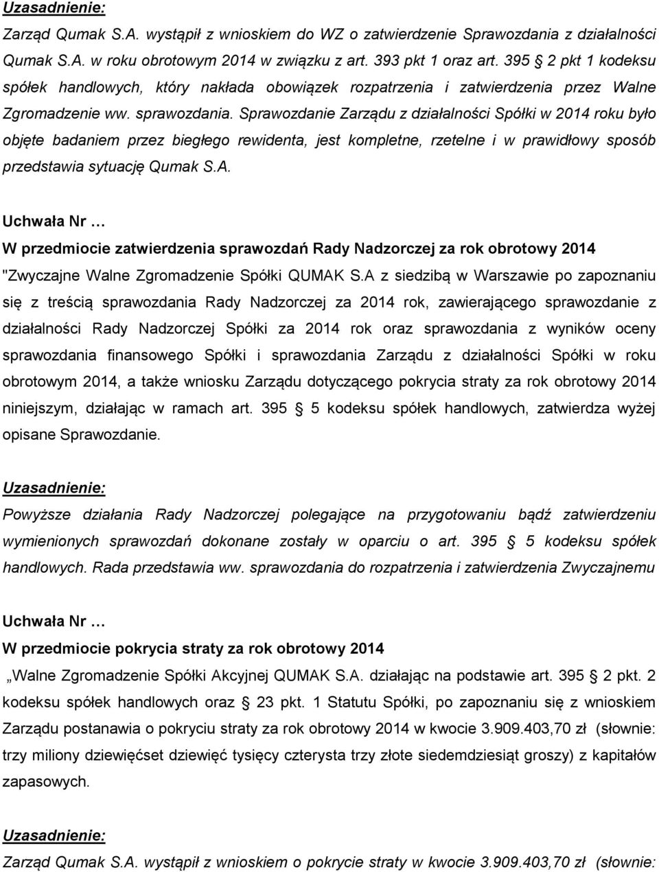 Sprawozdanie Zarządu z działalności Spółki w 2014 roku było objęte badaniem przez biegłego rewidenta, jest kompletne, rzetelne i w prawidłowy sposób przedstawia sytuację Qumak S.A.
