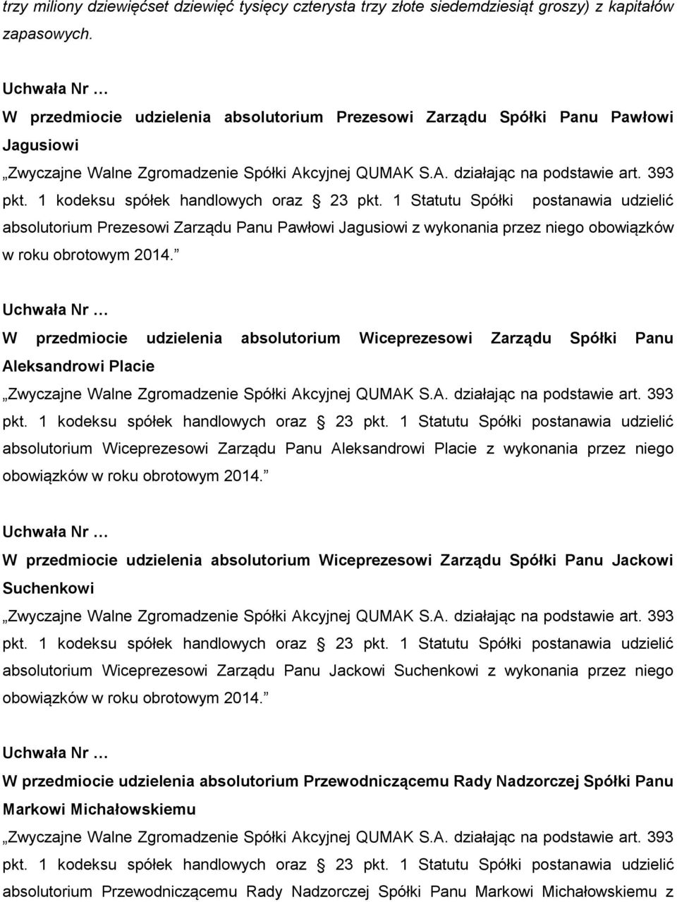 W przedmiocie udzielenia absolutorium Wiceprezesowi Zarządu Spółki Panu Aleksandrowi Placie absolutorium Wiceprezesowi Zarządu Panu Aleksandrowi Placie z wykonania przez niego obowiązków w roku