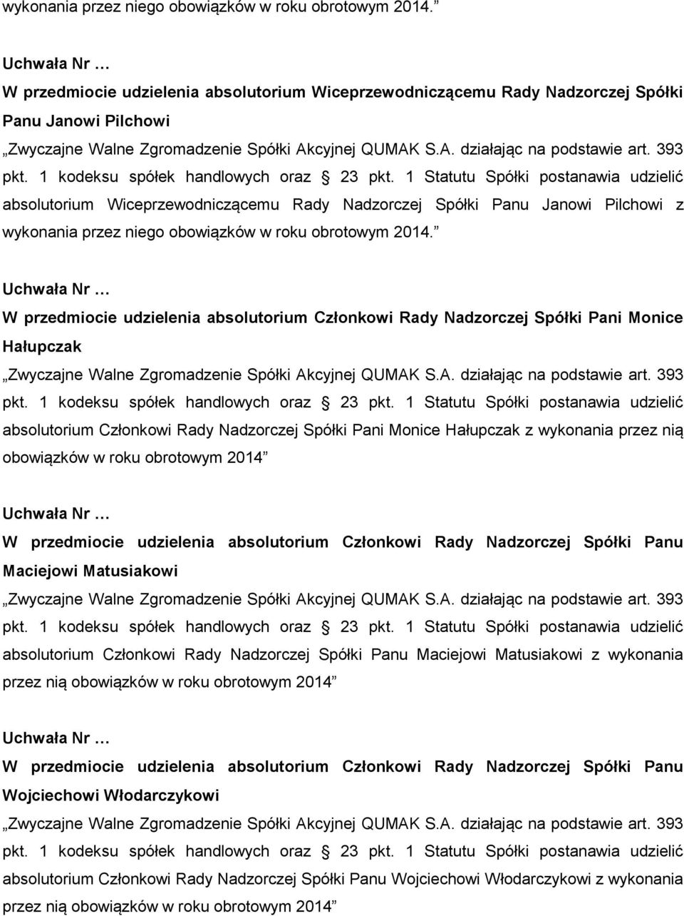 udzielenia absolutorium Członkowi Rady Nadzorczej Spółki Pani Monice Hałupczak absolutorium Członkowi Rady Nadzorczej Spółki Pani Monice Hałupczak z wykonania przez nią obowiązków w roku obrotowym
