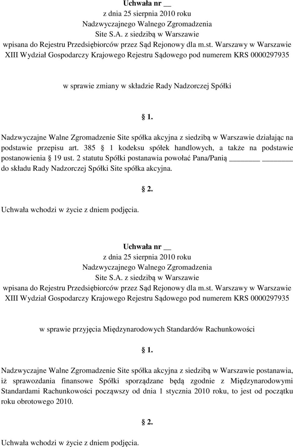 2 statutu Spółki postanawia powołać Pana/Panią do składu Rady Nadzorczej Spółki Site spółka akcyjna.