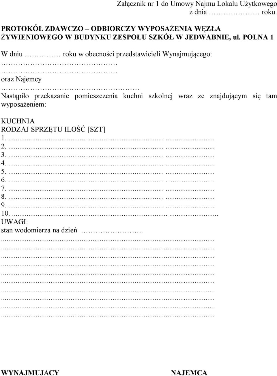 POLNA 1 W dniu roku w obecności przedstawicieli Wynajmującego: oraz Najemcy Nastąpiło przekazanie pomieszczenia kuchni szkolnej