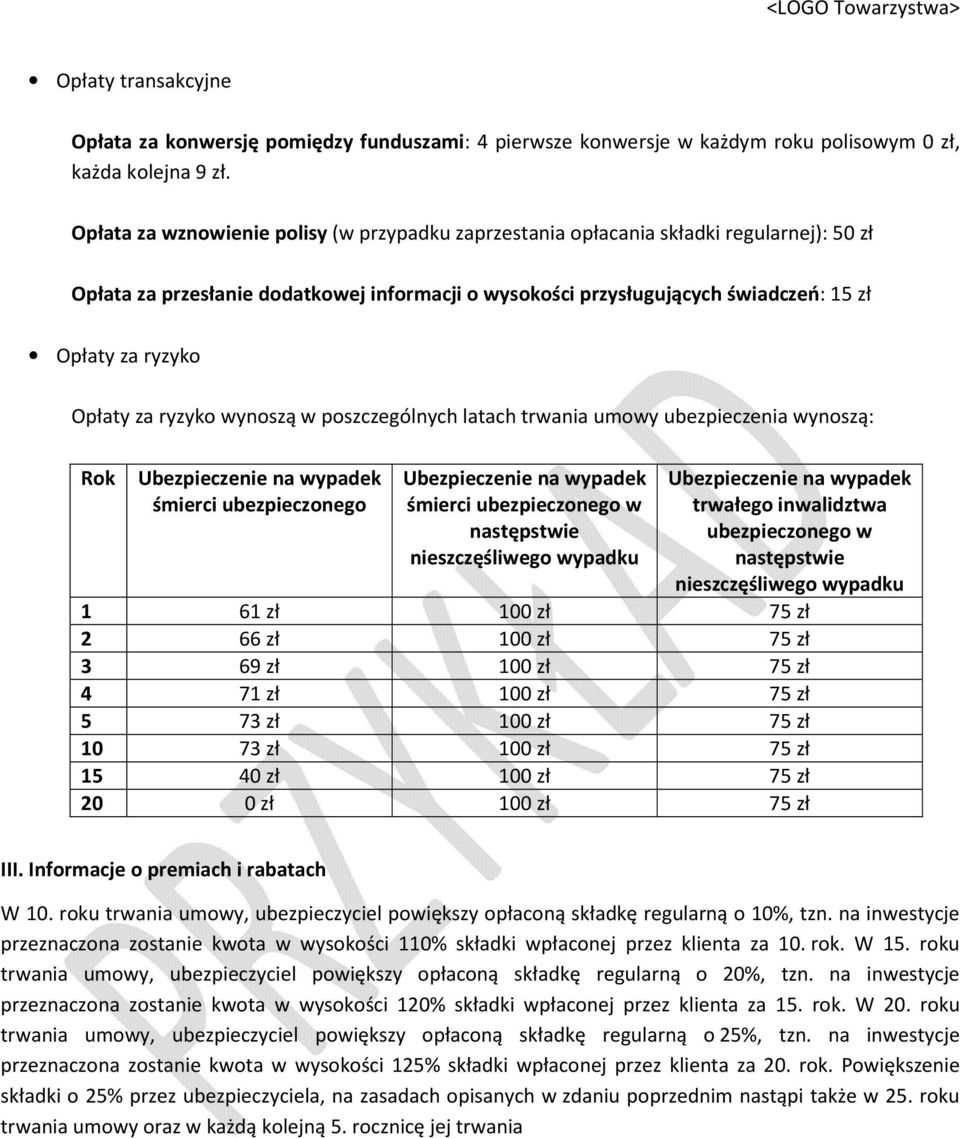 Opłaty za ryzyko wynoszą w poszczególnych latach trwania umowy ubezpieczenia wynoszą: Ubezpieczenie na wypadek śmierci ubezpieczonego Ubezpieczenie na wypadek śmierci ubezpieczonego w następstwie