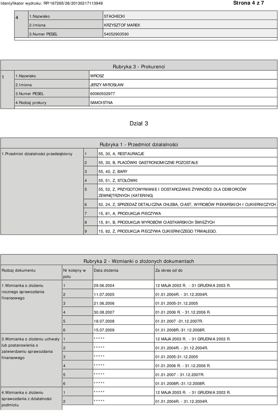 Przedmiot działalności przedsiębiorcy 1 55, 30, A, RESTAURACJE 2 55, 30, B, PLACÓWKI GASTRONOMICZNE POZOSTAŁE 3 55, 40, Z, BARY 4 55, 51, Z, STOŁÓWKI 5 55, 52, Z, PRZYGOTOWYWANIE I DOSTARCZANIE