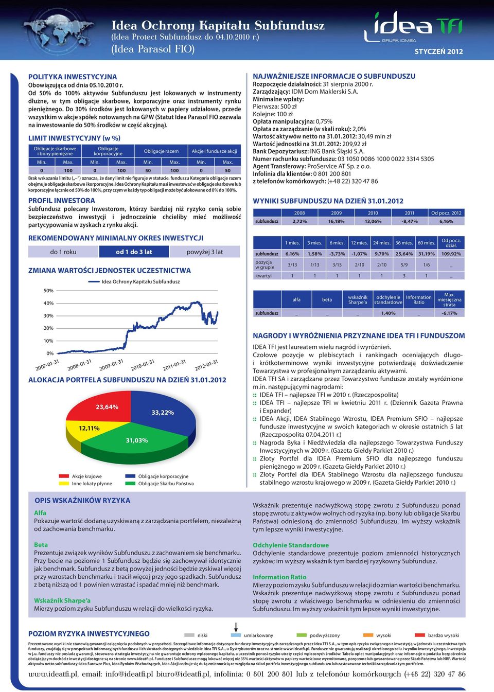 Do 30% środków jest lokowanych w papiery udziałowe, przede wszystkim w akcje spółek notowanych na GPW (Statut Idea Parasol FIO zezwala na inwestowanie do 50% środków w część akcyjną).