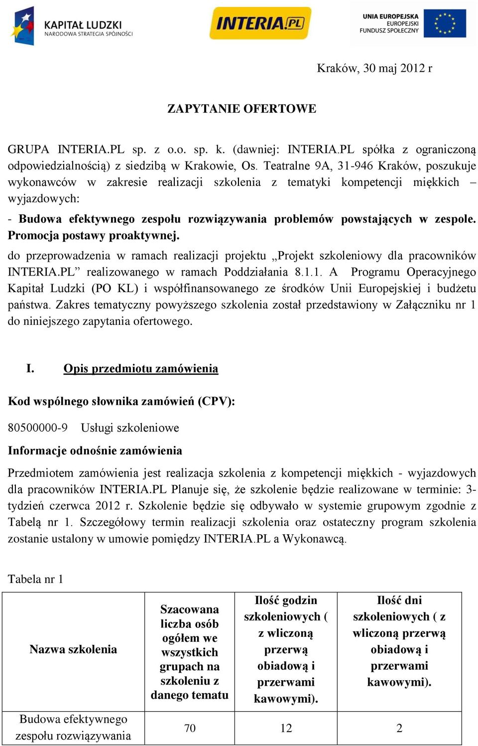 zespole. Promocja postawy proaktywnej. do przeprowadzenia w ramach realizacji projektu Projekt szkoleniowy dla pracowników INTERIA.PL realizowanego w ramach Poddziałania 8.1.