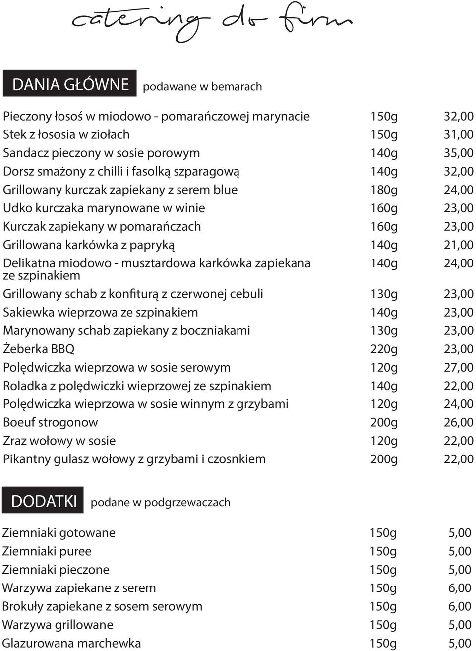 papryką 140g 21,00 Delikatna miodowo - musztardowa karkówka zapiekana ze szpinakiem 140g 24,00 Grillowany schab z konfiturą z czerwonej cebuli 130g 23,00 Sakiewka wieprzowa ze szpinakiem 140g 23,00